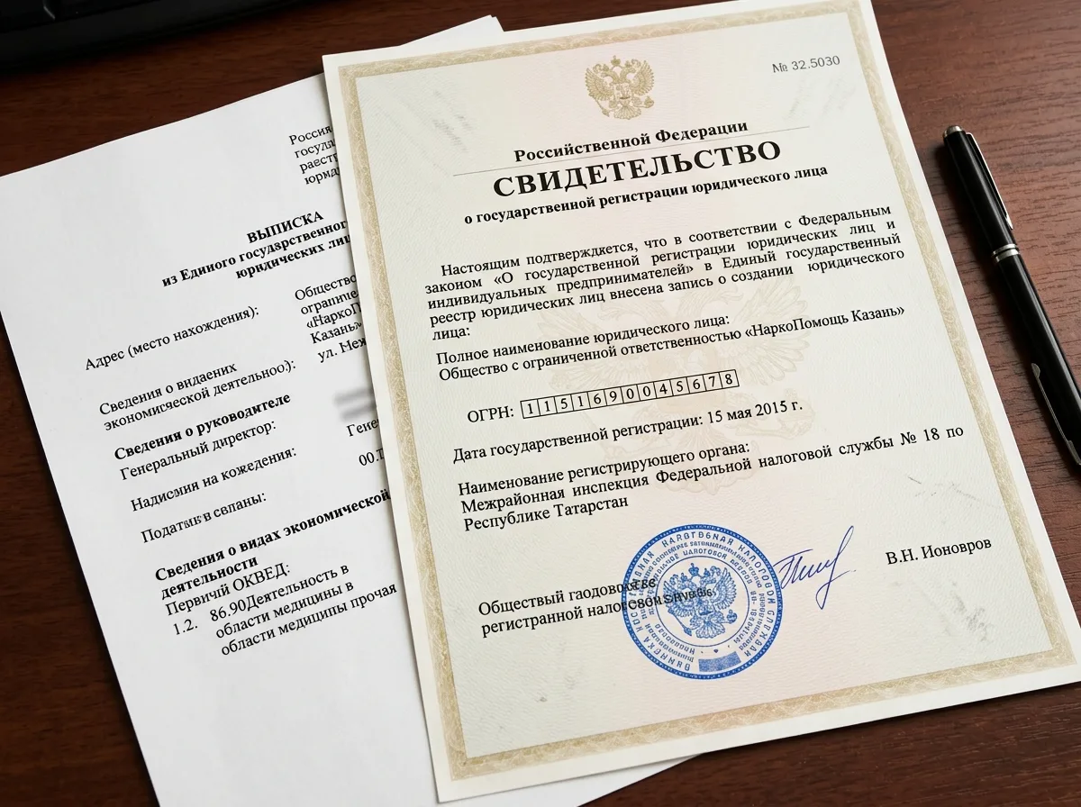 Свидетельство о государственной регистрации ООО НаркоПомощь Казань, выписка из ЕГРЮЛ, официальные реквизиты организации